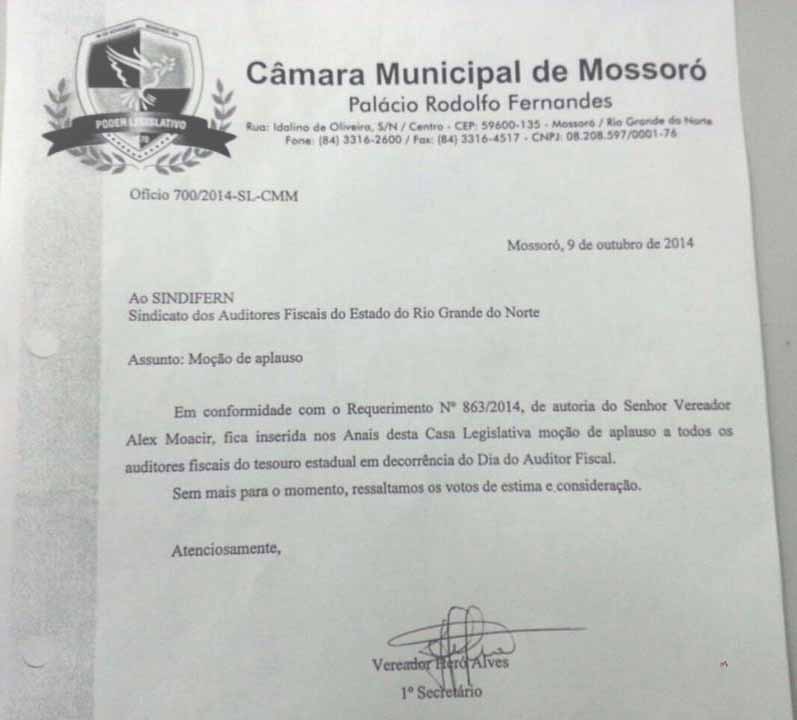 Imagem da notícia CÂMARA MUNICIPAL DE MOSSORÓ FAZ MOÇÃO DE APLAUSO PARA FISCO DO RN